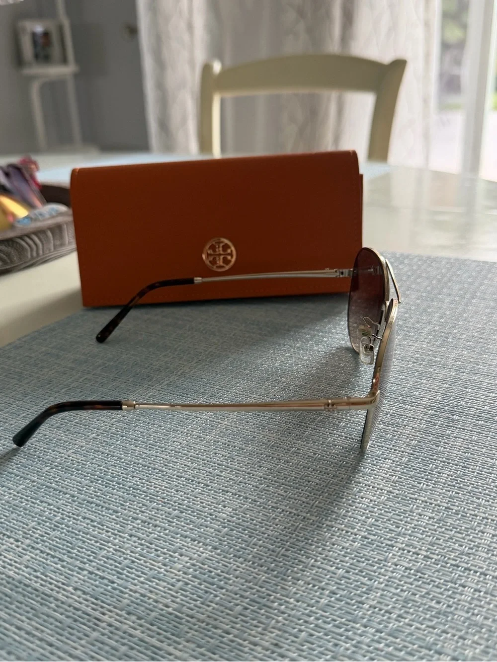 Tory Burch Gold Aviator Sunglasses with Brown Lenses and Orange Case